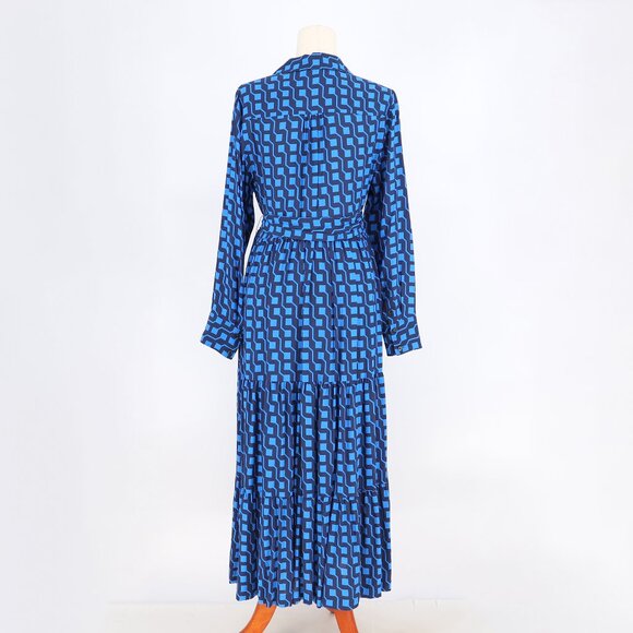 BODEN Flo Tiered Midi Shirt Dress Tie Belt Blue Geo Print Long Sleeve US Size 8 - Picture 5 of 8
